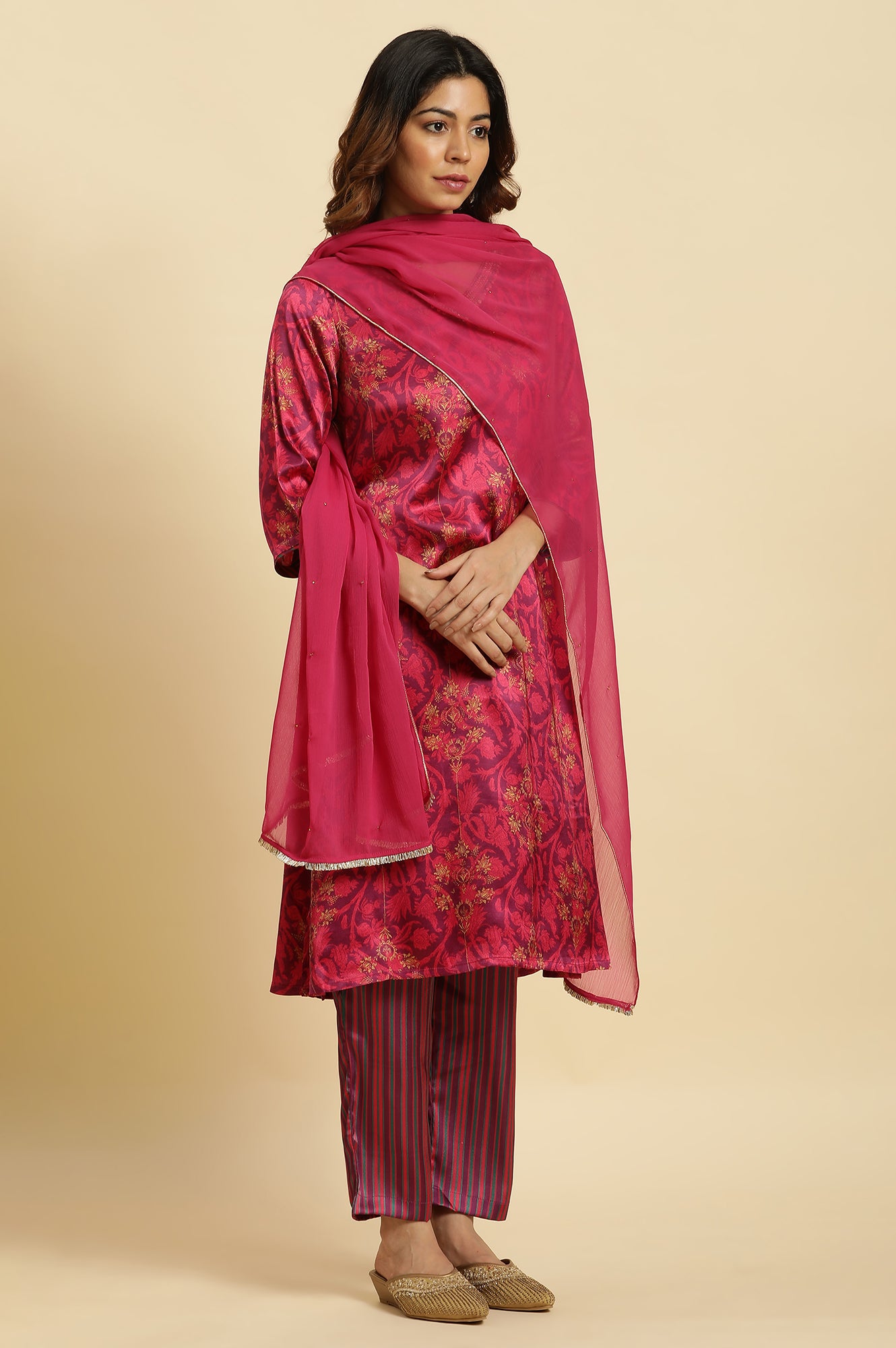 Dark Pink Chiffon Dupatta With Gota Border