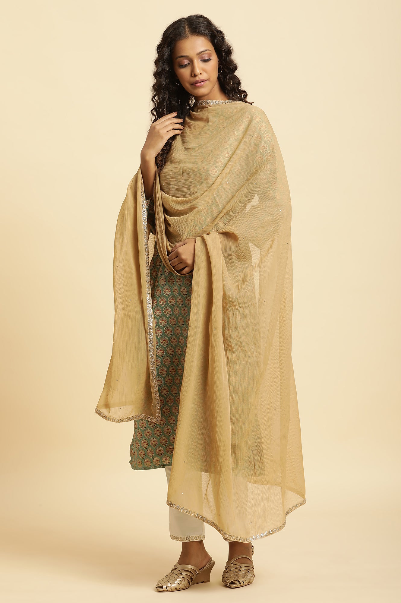 Golden Chiffon Dupatta With Sequin Border