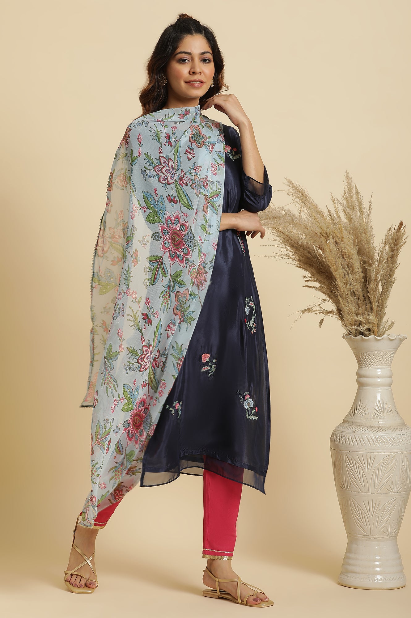 Blue Floral Printed Chiffon Dupatta