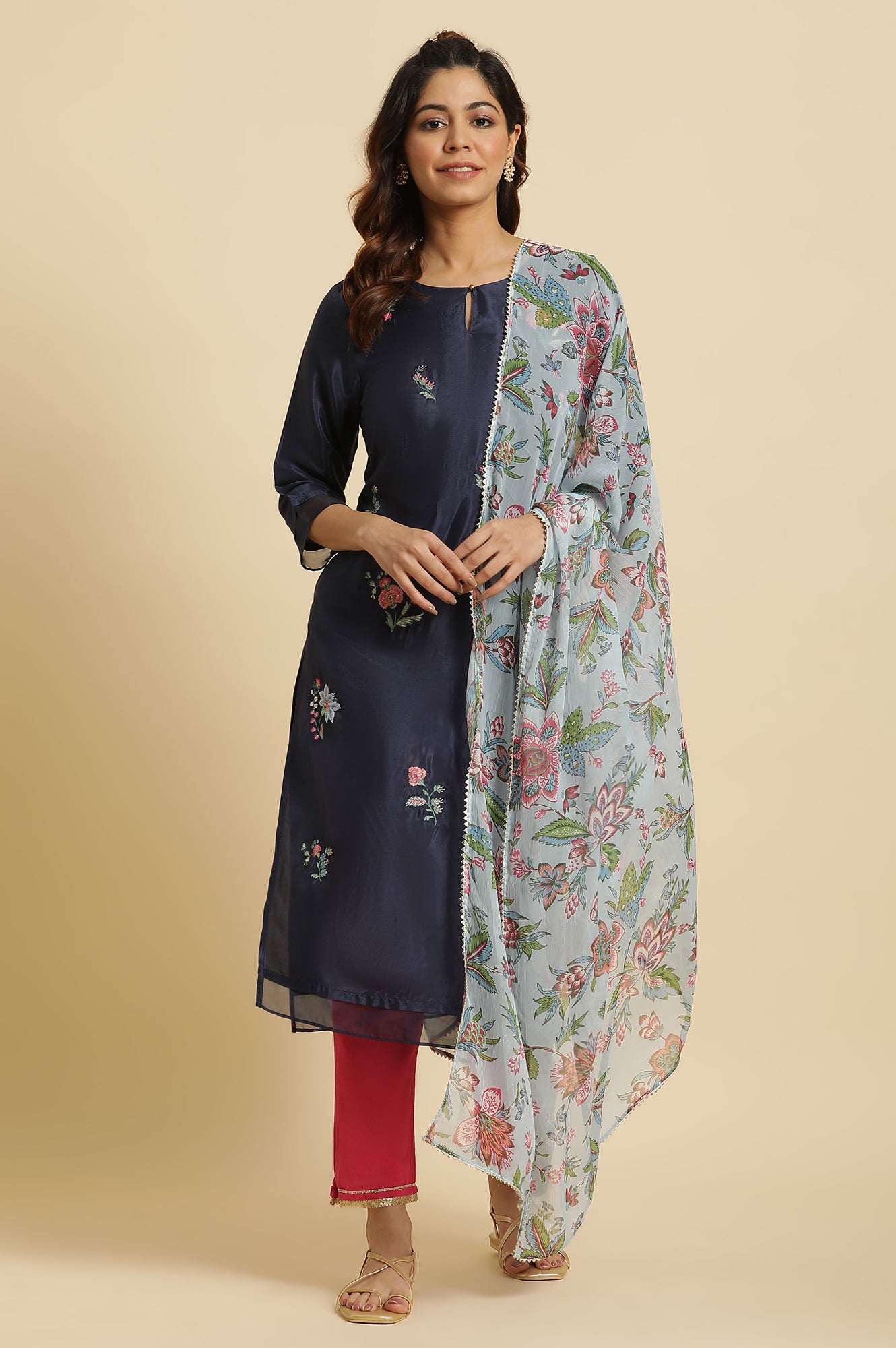 Blue Floral Printed Chiffon Dupatta