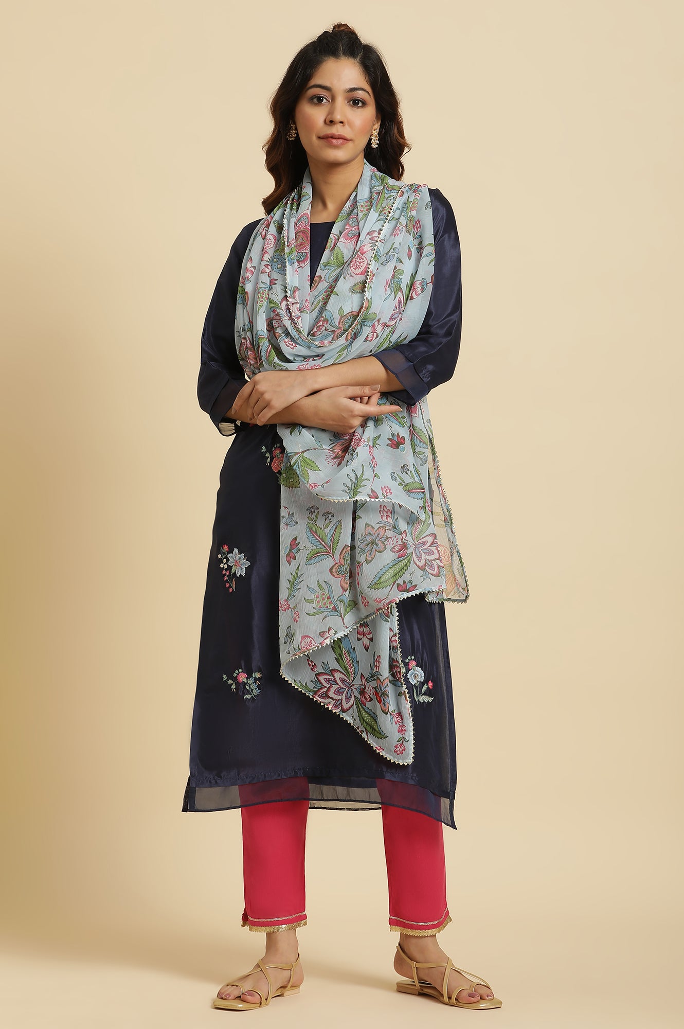 Blue Floral Printed Chiffon Dupatta