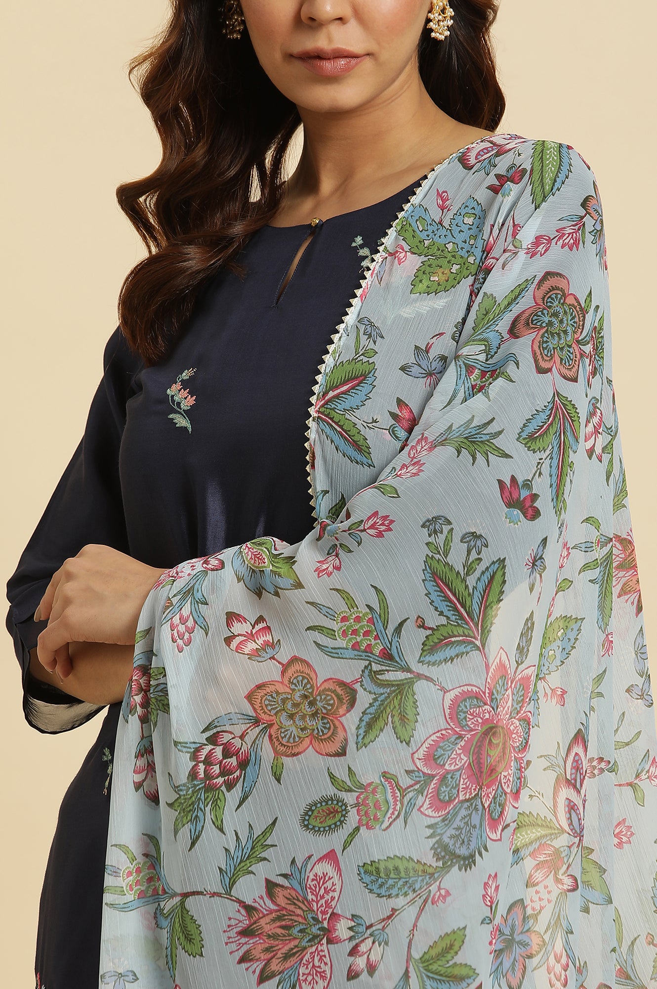 Blue Floral Printed Chiffon Dupatta