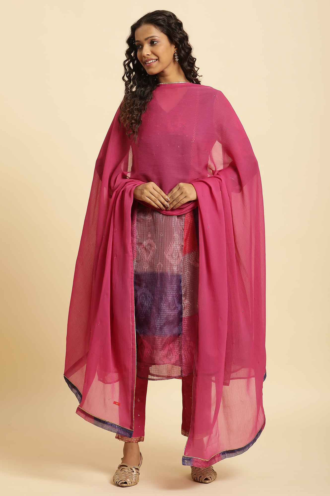 Pink Chiffon Dupatta With Golden Mukaish Highlight