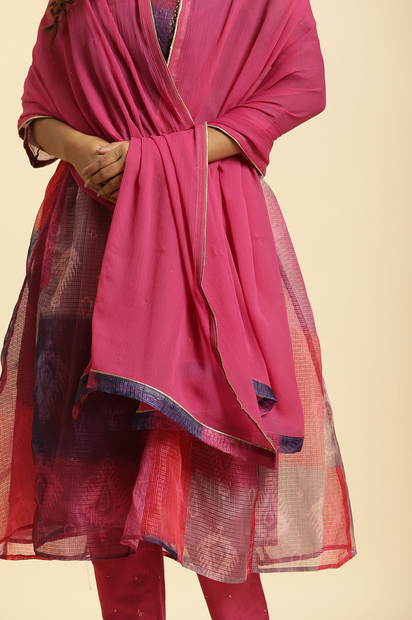 Pink Chiffon Dupatta With Golden Mukaish Highlight