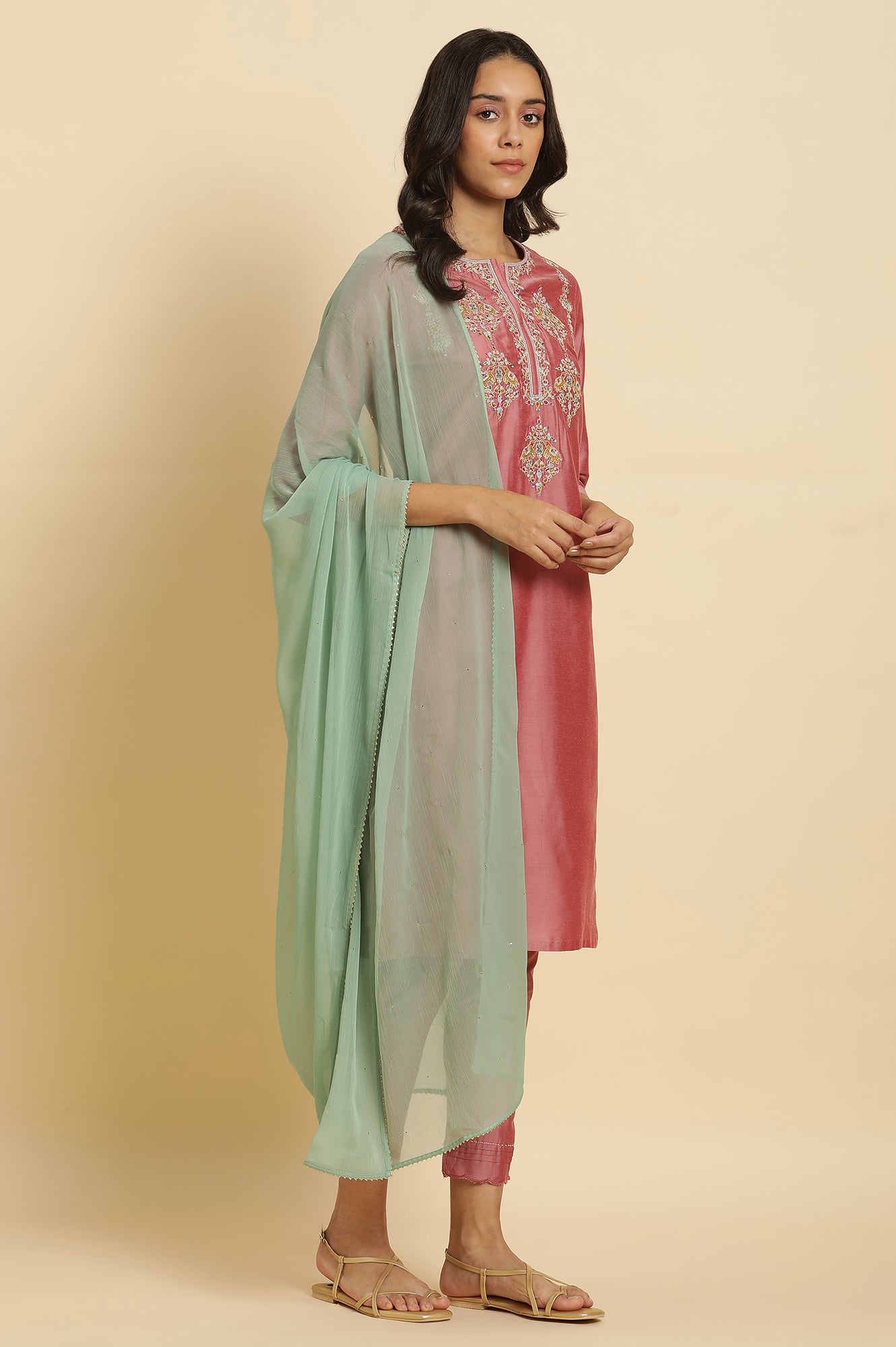 Aqua Green Chiffon Dupatta With Gold Mukaish