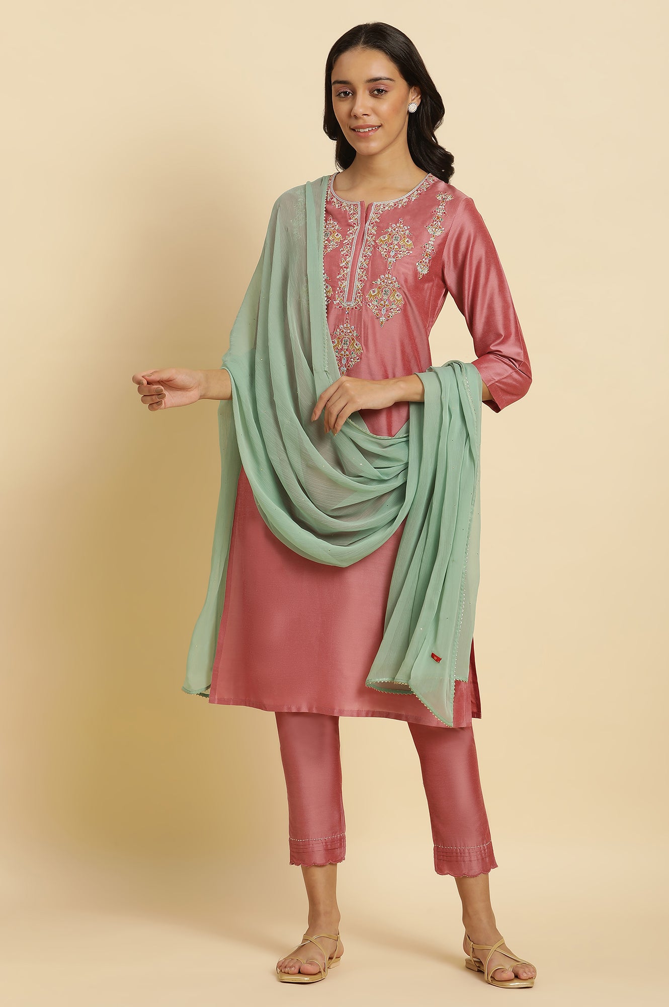 Aqua Green Chiffon Dupatta With Gold Mukaish