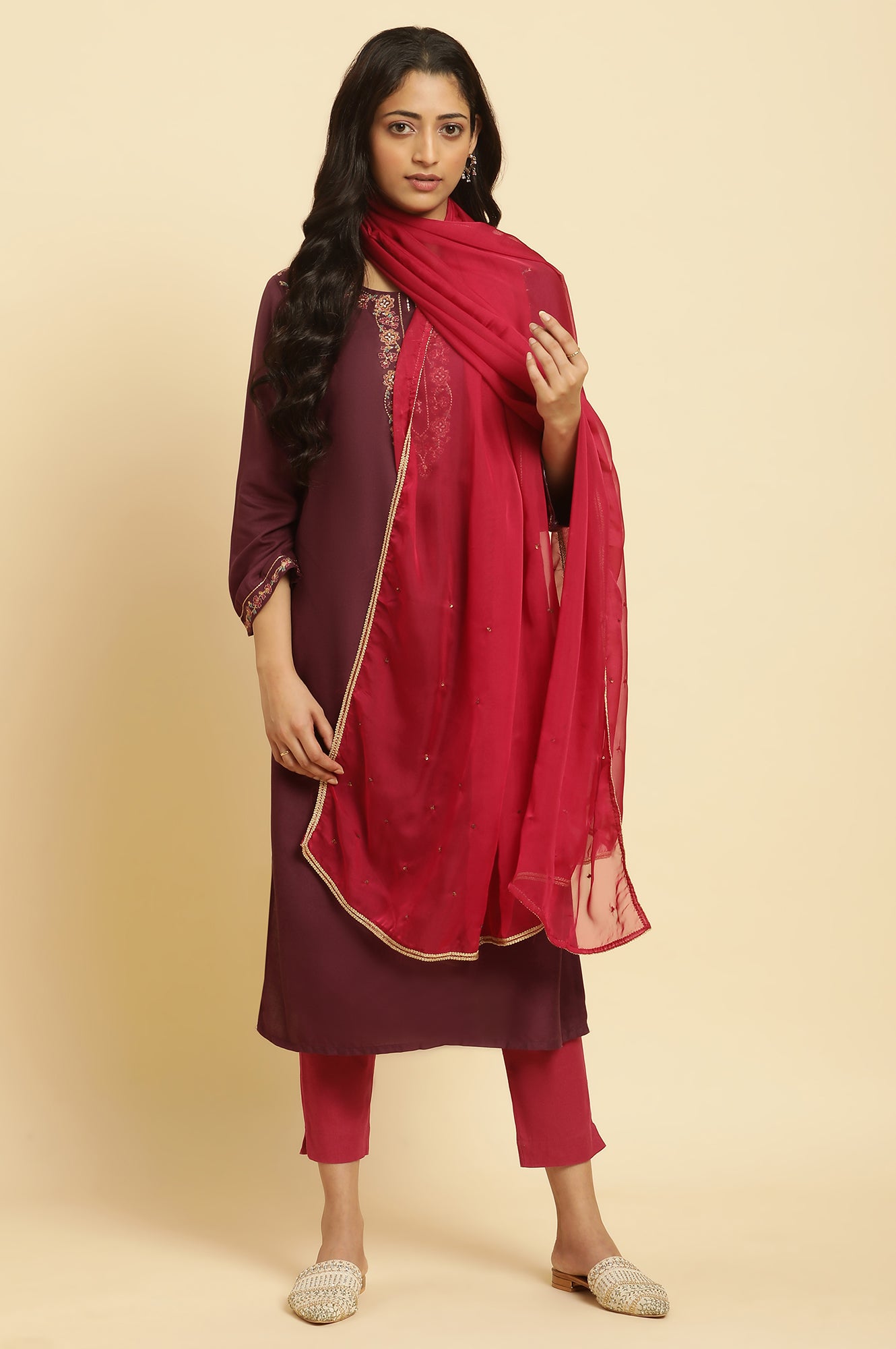 Maroon Chiffion Embellished Festivr Dupatta