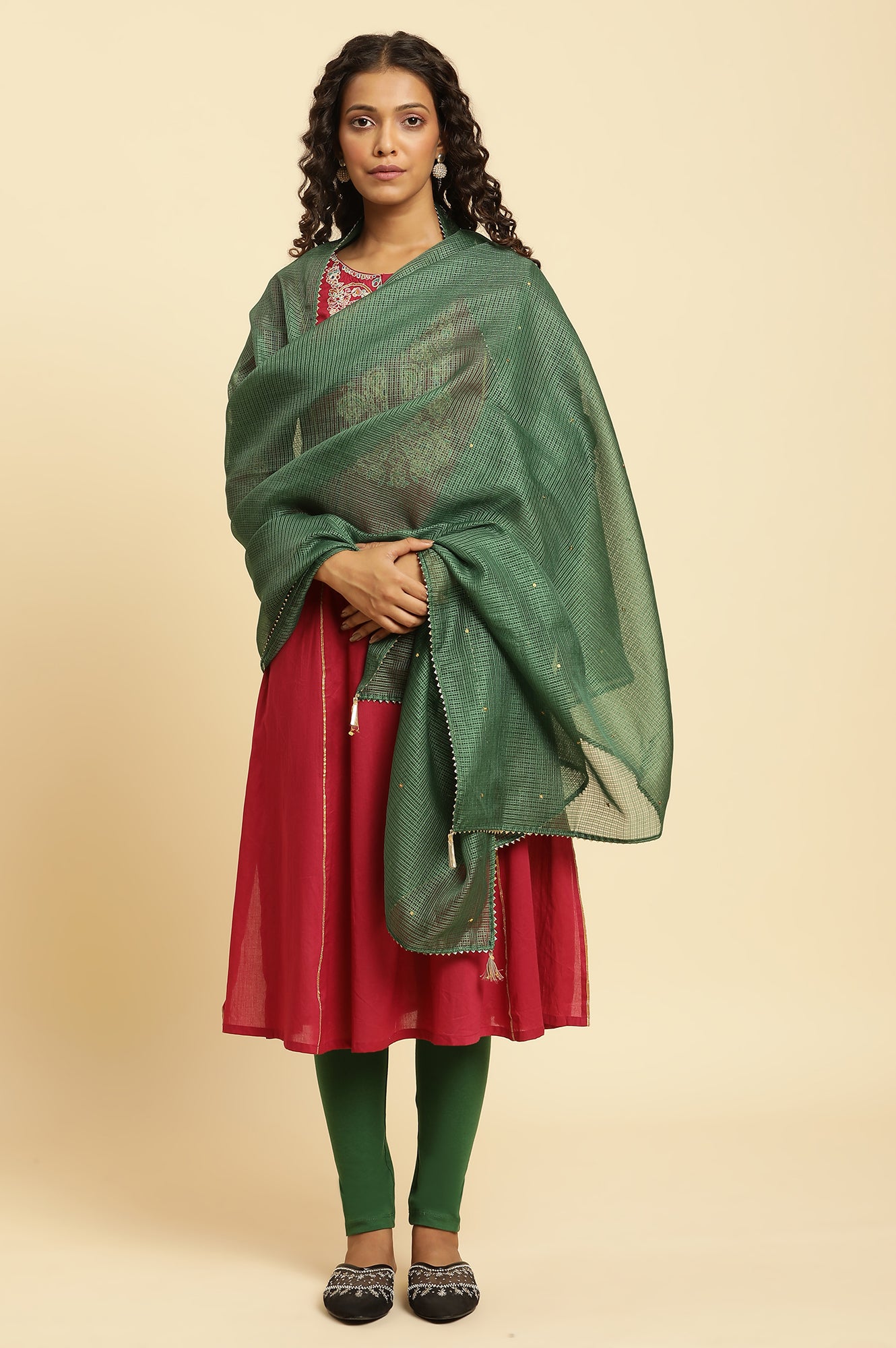 Dark Green Embellished Kota Dupatta With Gota