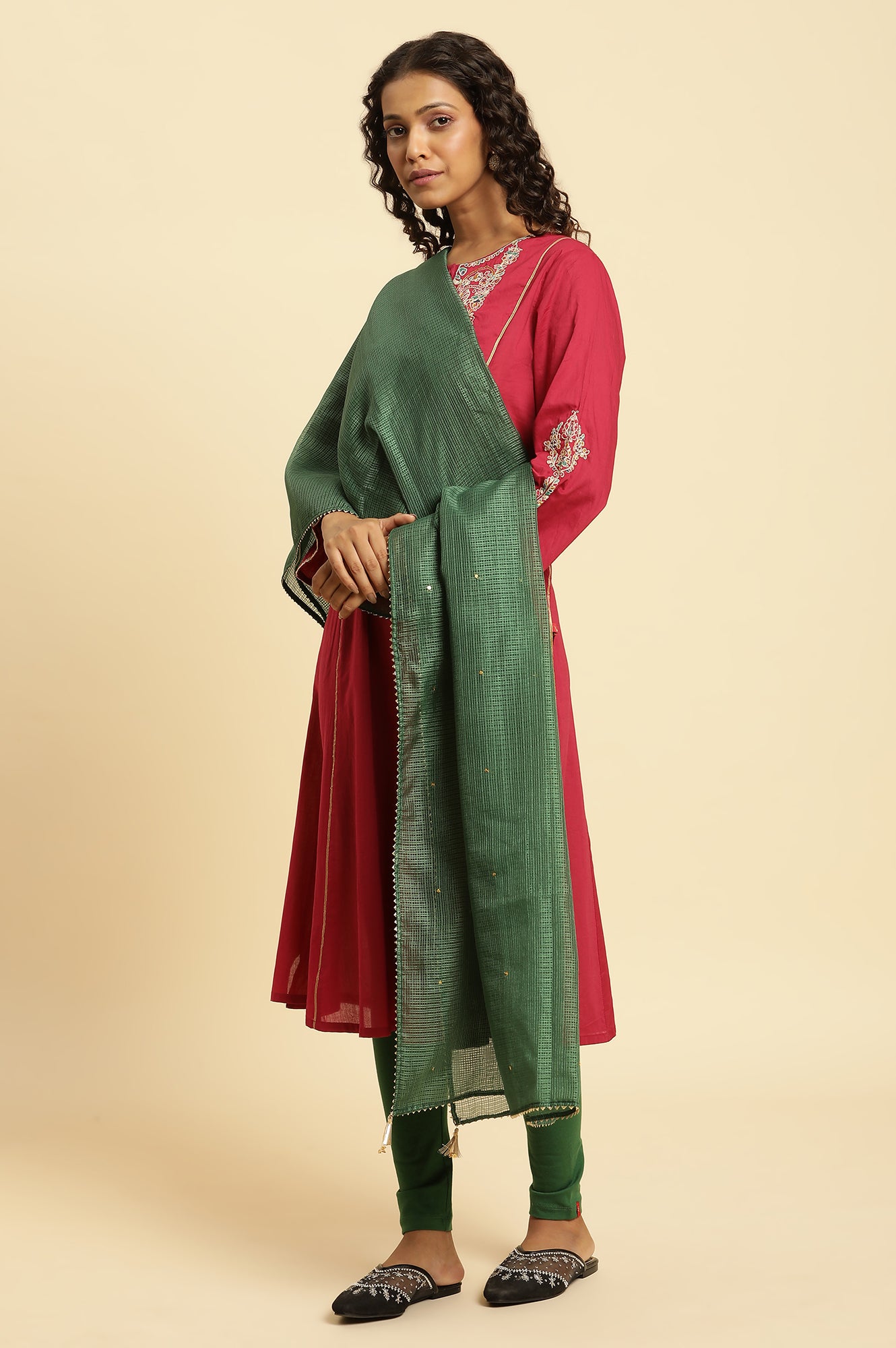 Dark Green Embellished Kota Dupatta With Gota