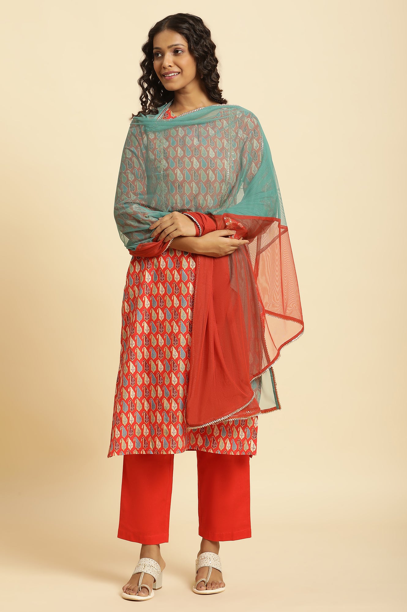 Orange And Teal Half And Half Net Dupatta