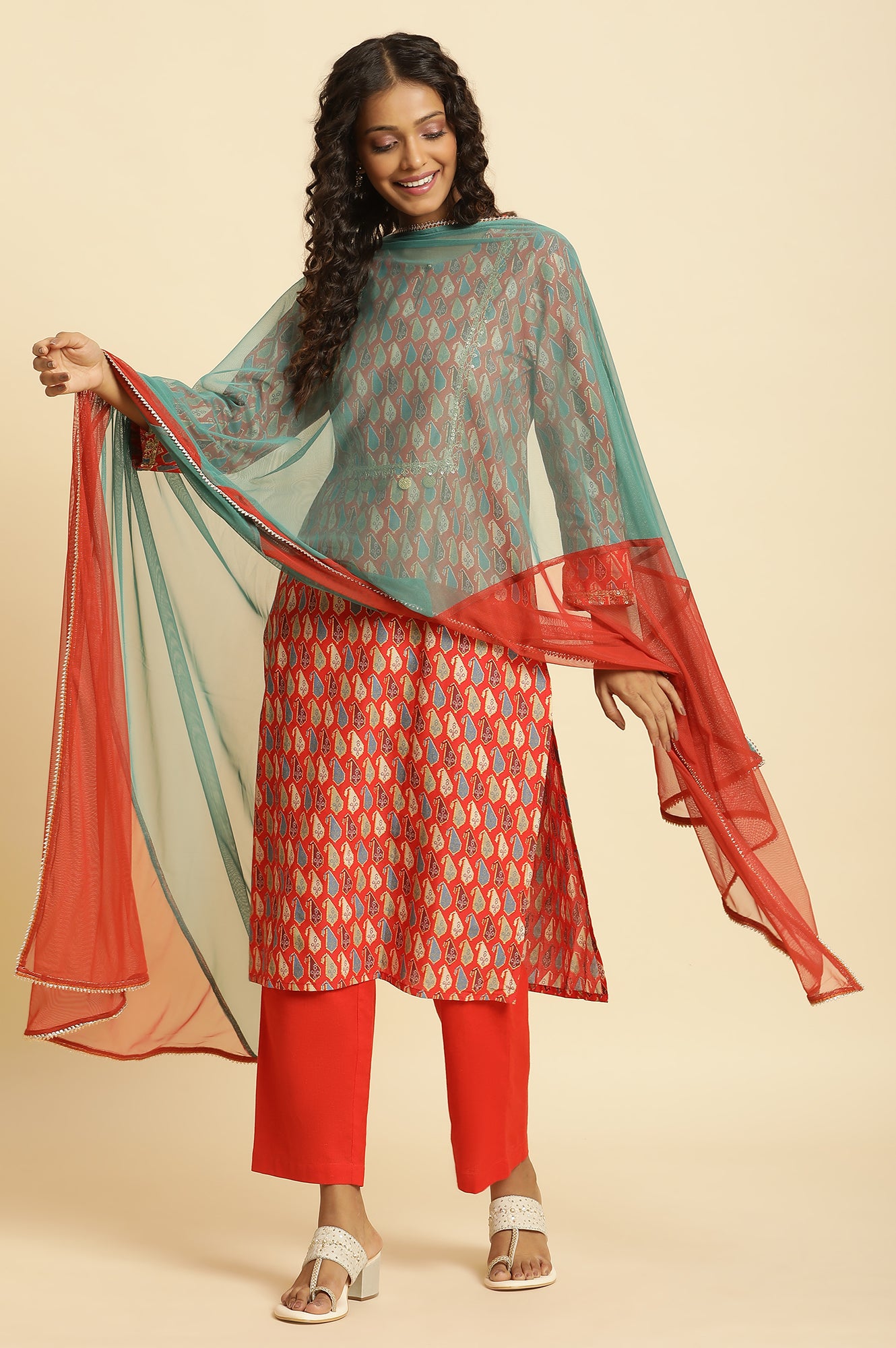 Orange And Teal Half And Half Net Dupatta