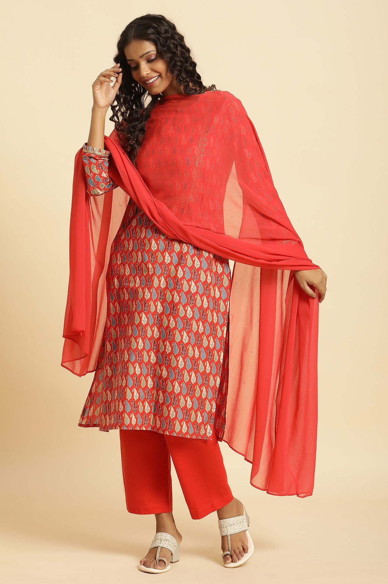 Red Chiffon Dupatta With Mukaish Detail