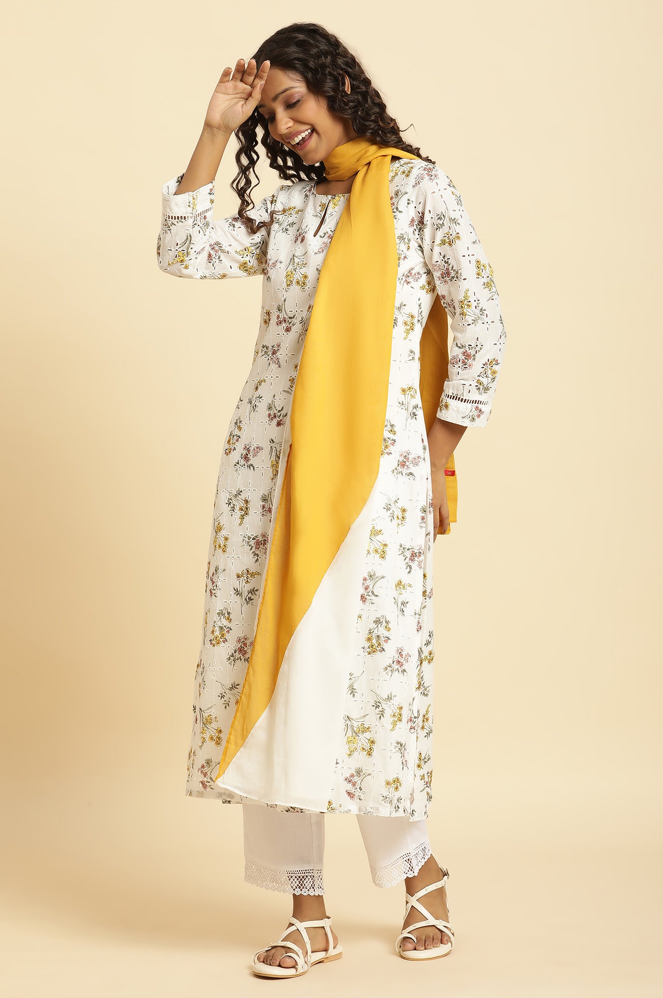 Yellow And Ecru Colour-Block Cotton Dupatta