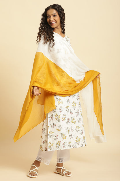 Yellow And Ecru Colour-Block Cotton Dupatta