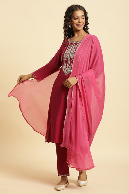 Pink Solid Chiffon Dupatta With Gotta Border