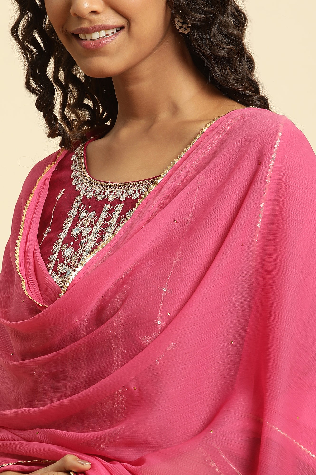 Pink Solid Chiffon Dupatta With Gotta Border