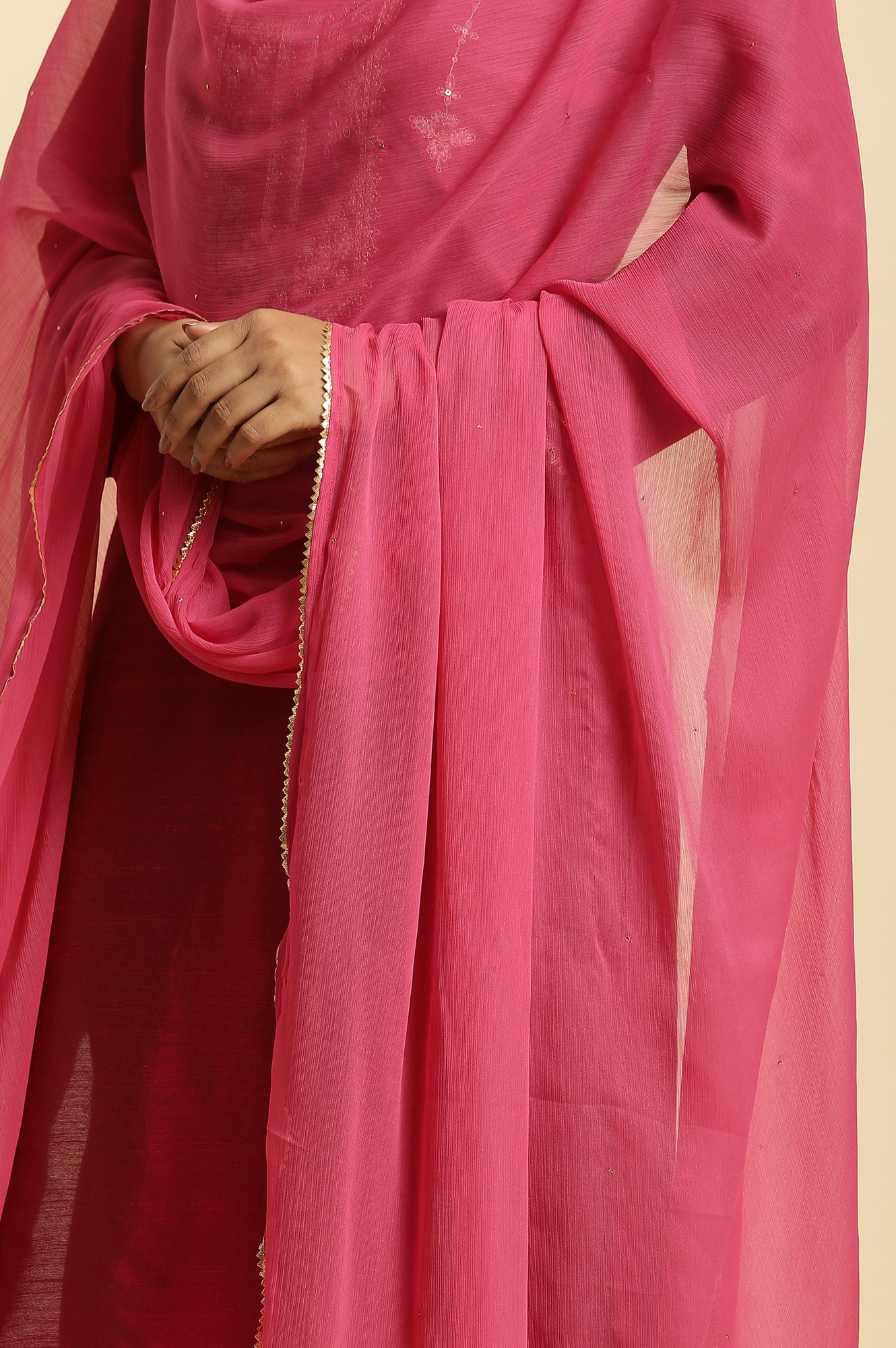 Pink Solid Chiffon Dupatta With Gotta Border