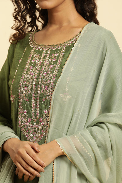 Green Solid Chiffon Dupatta With Gotta Border