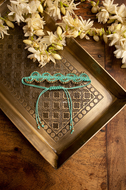 Green Yarn And Gold Beaded Adjustable Rakhi