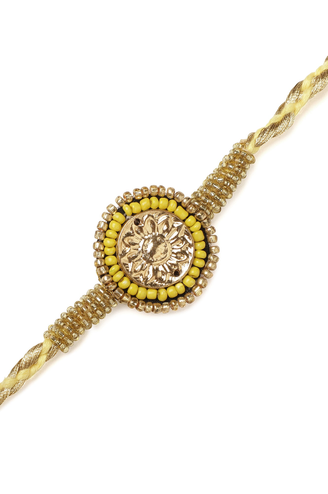 Yellow And Gold Beaded Rakhi With Tassels