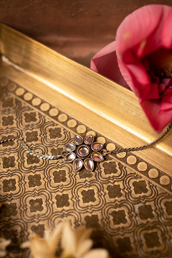 Silver Flower Motif Chain Rakhi