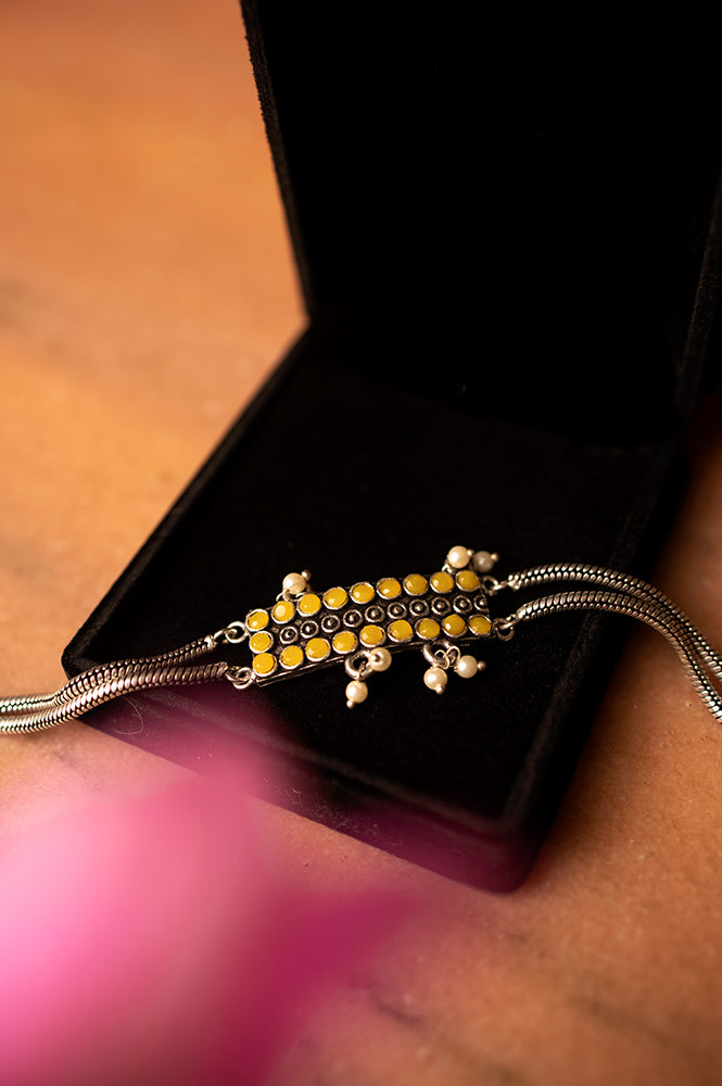 Silver Oxidised Rakhi With Yellow Stones