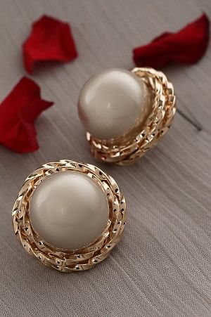 Grey Pearl Stud Earrings with Textured Gold Frame