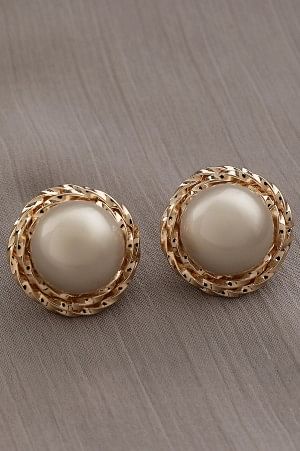 Grey Pearl Stud Earrings with Textured Gold Frame