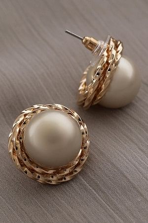 Grey Pearl Stud Earrings with Textured Gold Frame