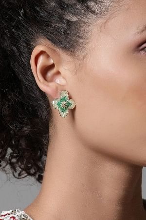 Green Flower Shaped Ethnic Stud Earrings