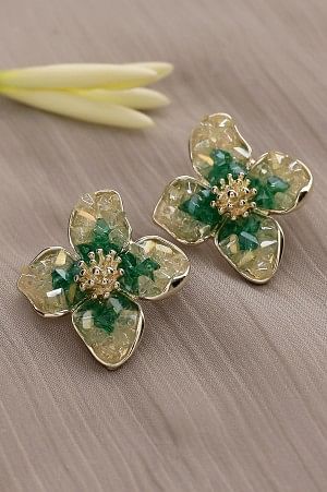 Green Flower Shaped Ethnic Stud Earrings