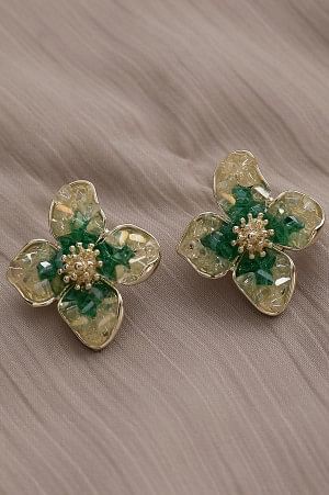 Green Flower Shaped Ethnic Stud Earrings