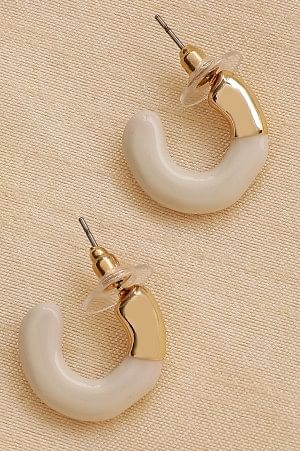 White and Gold Enamelled Modern Hoop Earrings