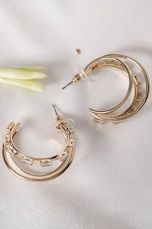 White &amp; Gold Cubic Zirconia Studded Hoop Earrings