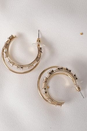 White &amp; Gold Cubic Zirconia Studded Hoop Earrings