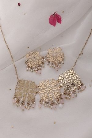 Gold and Pink Filigree Lariat Necklace with Earrings