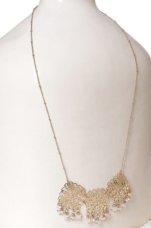 Gold and Pink Filigree Lariat Necklace with Earrings