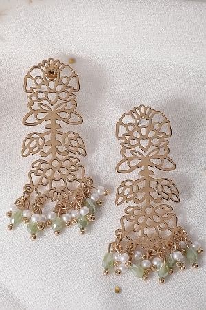 Green Beaded Handcrafted Gold Dangler Earrings