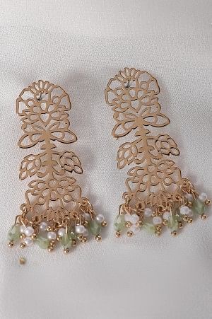 Green Beaded Handcrafted Gold Dangler Earrings