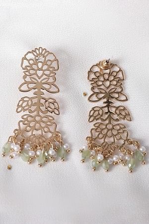 Green Beaded Handcrafted Gold Dangler Earrings