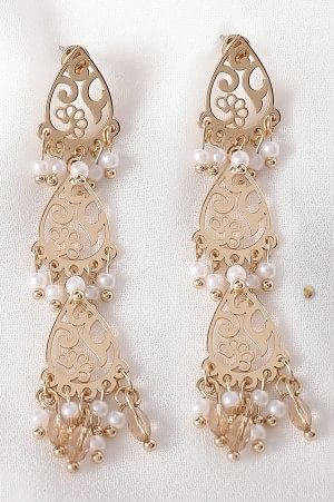 Beige Beaded Layered Golden Dangler Earrimgs