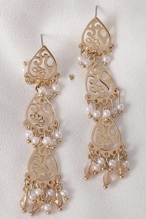 Beige Beaded Layered Golden Dangler Earrimgs