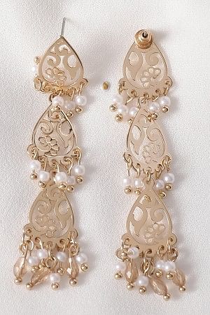 Beige Beaded Layered Golden Dangler Earrimgs