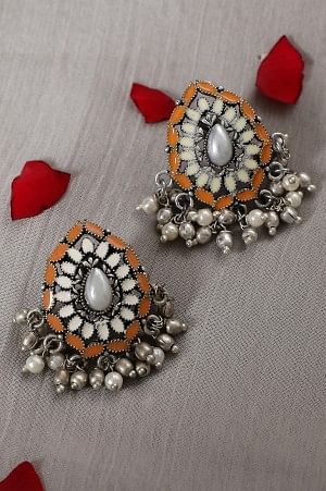 Beige &amp; Orange Pearls Ethnic Stud Earrings