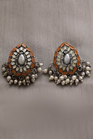 Beige &amp; Orange Pearls Ethnic Stud Earrings