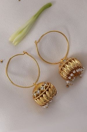 Golden Traditional Jhumkis with Stones &amp; Pearls