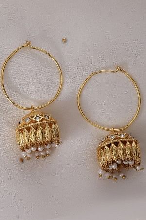 Golden Traditional Jhumkis with Stones &amp; Pearls