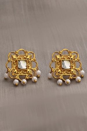 Gold Stud Earrings With Polki and Pearl Beads