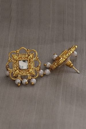 Gold Stud Earrings With Polki and Pearl Beads