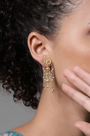 Golden Handcrafted Traditional Motifs Layered Dangler Earrings